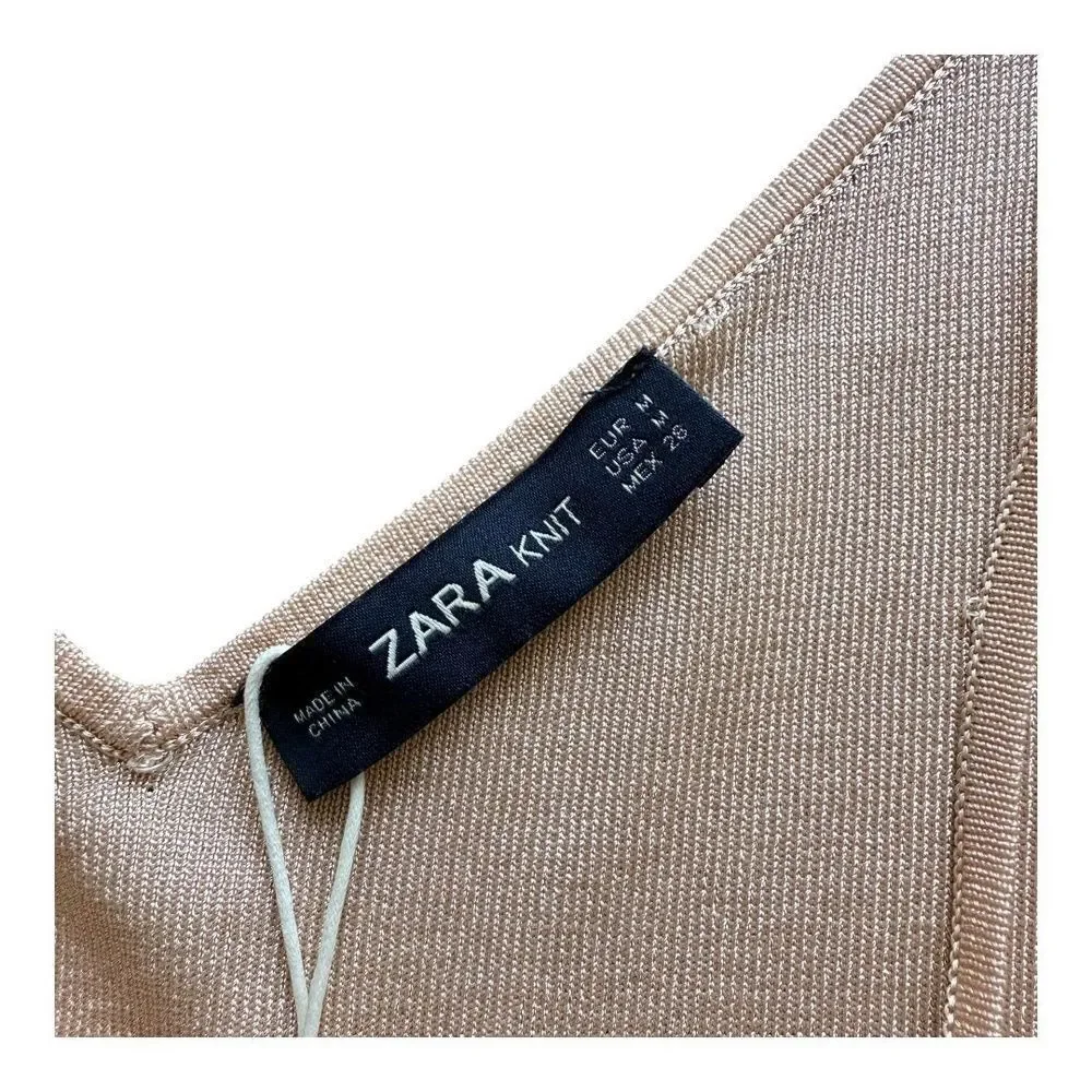 NWT Zara Knit Pink Ribbed Embellished Spaghetti Strap Camisole Top Womens M
